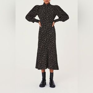 Ba&sh Emilie Bleunuit Black Print Turtleneck Long Sleeve Midi Dress